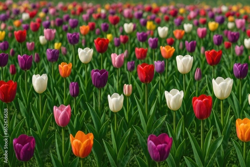 Colorful tulip garden bursting with blossoms