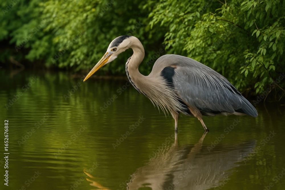 Fototapeta premium A tall blue heron amidst dense foliage by a waterbody, looking for fish to catch