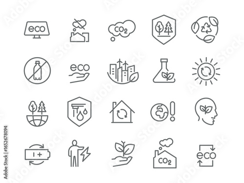Set of icons created by man on the theme of Ecology, eco city, recycling garbage, saving electricity and the environment. Editable vector ready to use