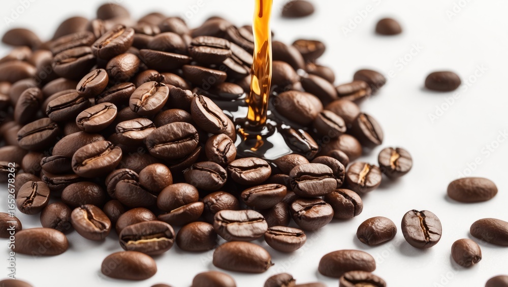 Fototapeta premium Coffee beans stacked together with liquid coffee drizzled over them on a white backdrop