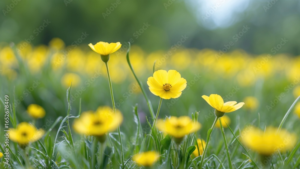 Fototapeta premium Focus on a vibrant yellow buttercup meadow in soft detail