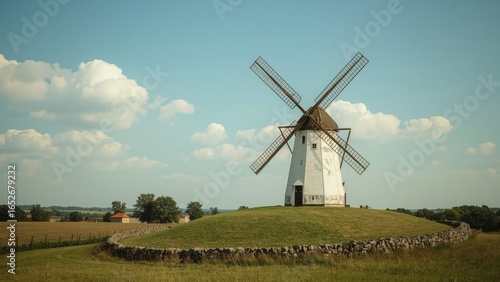 Summer scene featuring an old-fashioned windmill and blue skies