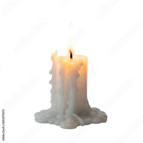 Melting white candle with flame isolated on transparent background