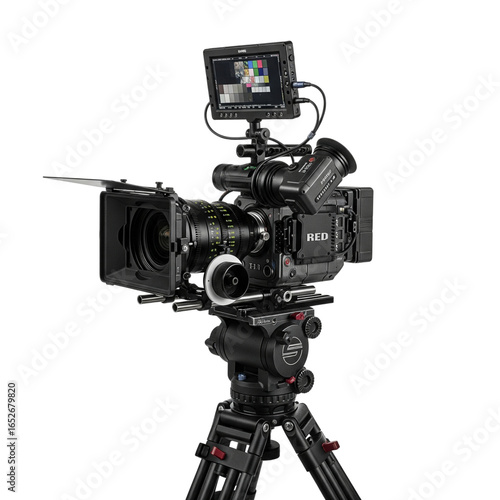Professional digital cinema camera on tripod isolated on transparent background