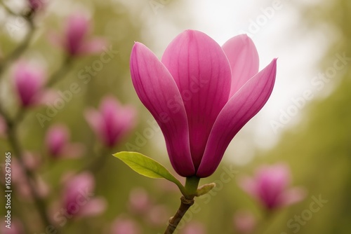 Macro shot of a bright pink magnolia flower in full bloom, showcasing its large, tulip-like petals with an unobstructed background for overlay.