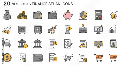 Finance icons set: Money, wallet, bank, calculator, business, investment, financial, savings