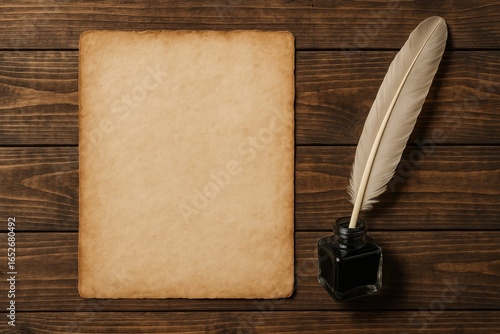 Vintage writing materials: old paper, inkstand, and feather pen on a wooden background