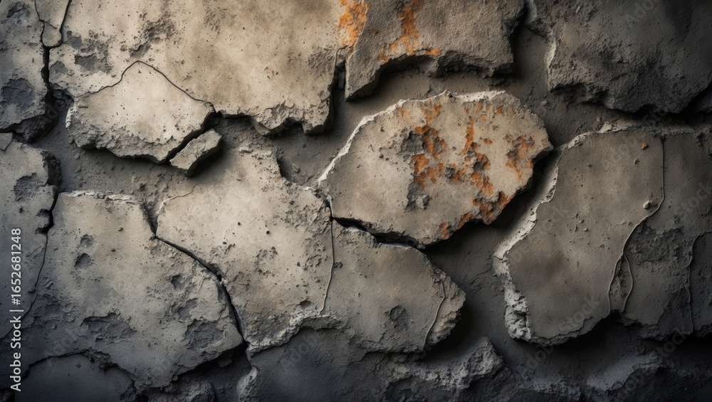 Fototapeta premium Textured cement wall featuring organic cracks, evoking a retro industrial vibe