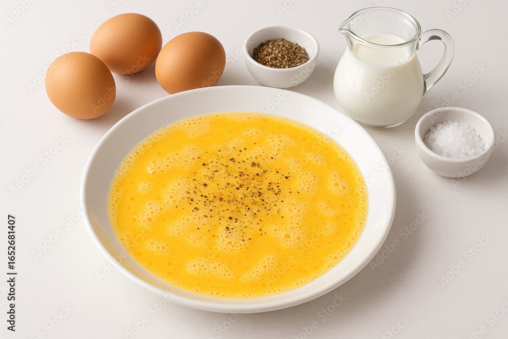 Preparation of omelet batter with eggs, milk, salt, and pepper Preparation of omelet batter with eggs, milk, salt, and pepper