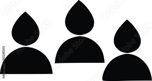Three stylized black figures with teardrop shaped heads against a stark white background symbolizing unity or a group