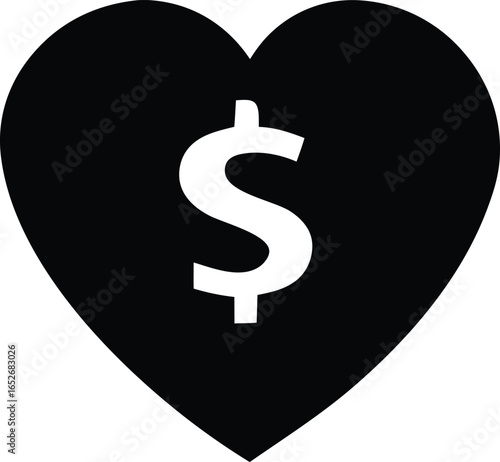 Symbol of financial love and generosity a black heart with a white dollar sign illustrating philanthropy and wealth