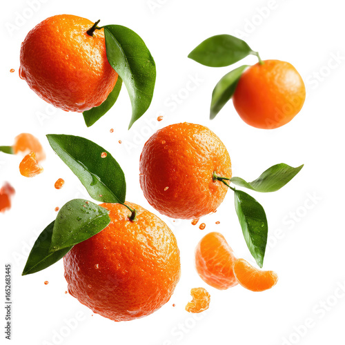 Oranges, segments, and leaves float against a black background