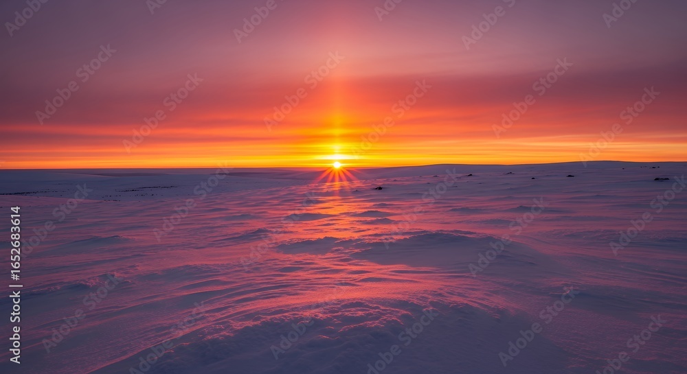 Obraz premium Majestic Winter Sunset over Vast Snow-Covered Landscape with Vibrant Sky and Reflections