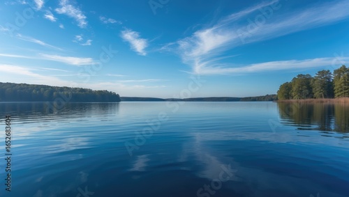 Fototapeta Naklejka Na Ścianę i Meble -  Peaceful lake scene featuring a calm surface and a bright sky overhead