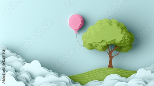 Paper-cut tree, balloon, and clouds scene on a light blue background, stylized art