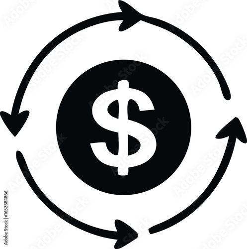 Circular arrows symbolizing financial flow around a dollar coin illustrating money circulation and exchange