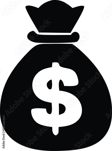 Iconic black and white silhouette of a money bag with a prominent dollar sign symbolizing wealth and finance