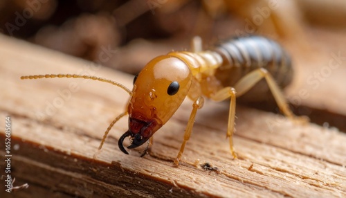Close-up macro of a destructive soldier termite on damaged wood, representing pest infestation and property destruction.