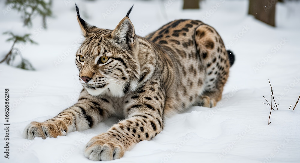 Fototapeta premium Eurasian Lynx with Spotted Fur Lying Low in Fresh White Snow during Winter