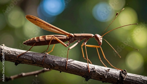 Wallpaper Mural Detailed macro shot of a brown praying mantis with wings resting on a tree branch in a vibrant, natural environment Torontodigital.ca