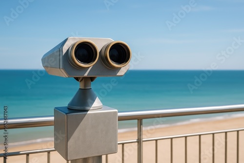 Tourist Observation Telescopes Located on Viewing Platforms with Marine Backdrop