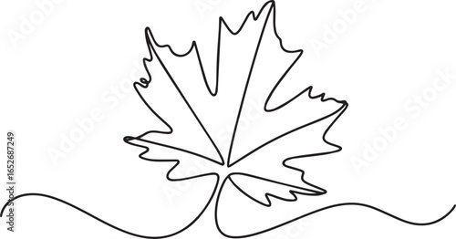 Continuous one line drawing of a maple leaf with veins forming a heart pattern, minimalist autumn nature illustration in black