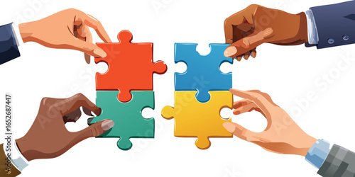 Four puzzle pieces coming together in the hands of different people, symbolizing collaboration, partnership, and business solutions.