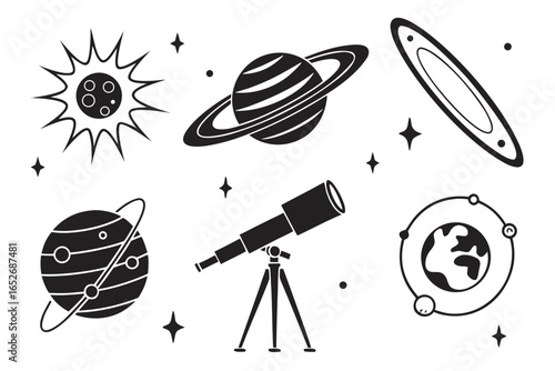 Space exploration icons with planets, stars, sun, telescope isolated on white background