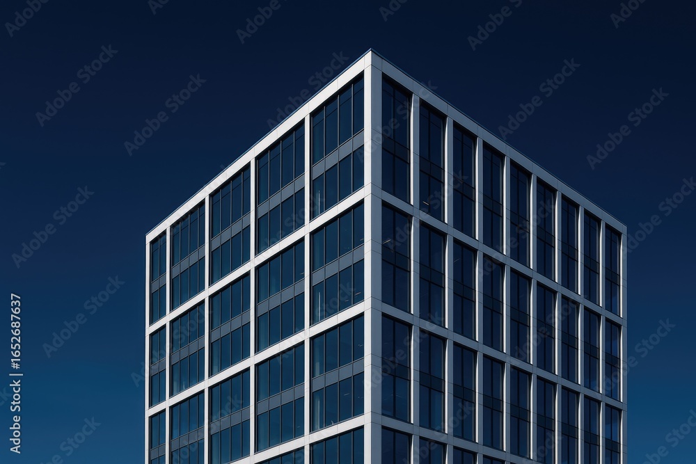 Contemporary office tower silhouetted by a deep blue evening sky Contemporary office tower silhouetted by a deep blue evening sky