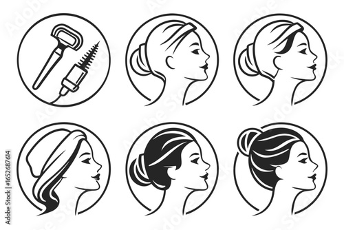 Set of woman face profile with different hairstyle isolated on white background