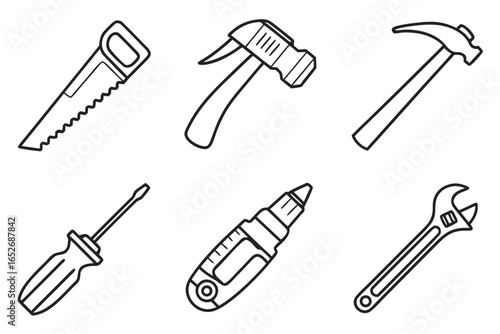 Hand drawn tool icons isolated on white background for construction work
