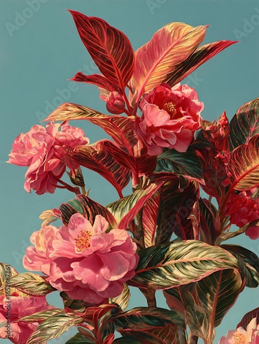 Pink flowers and leaves against a blue sky in a vintage botanical illustration