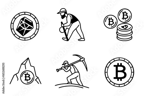 Bitcoin mining isolated on white background, with miner and cryptocurrency coin