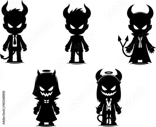 Vector sketch illustration collection of silhouette sketches, design images of devils, devils, hell dwellers, cute, funny, chibi, enemies of humans