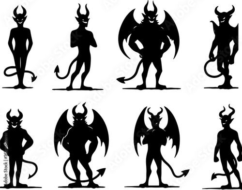 Vector sketch illustration collection of silhouette sketches, design images of devils, devils, hell dwellers, cute, funny, chibi, enemies of humans