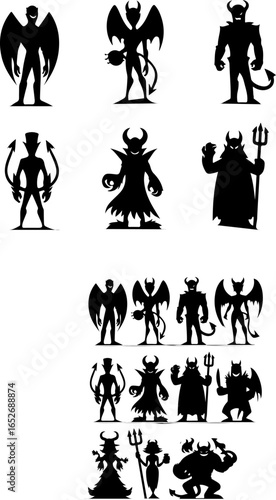 Vector sketch illustration collection of silhouette sketches, design images of devils, devils, hell dwellers, cute, funny, chibi, enemies of humans
