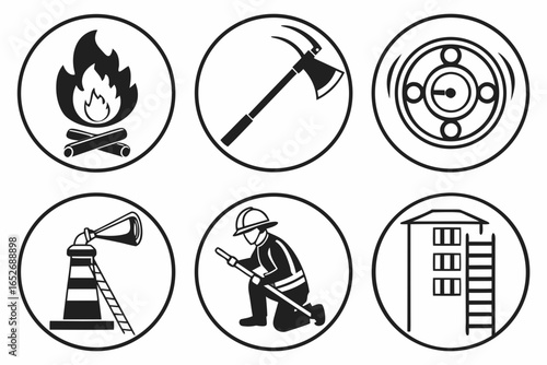 Firefighter equipment icons isolated on white background