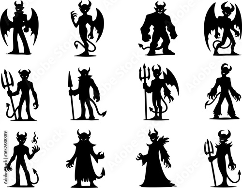 Vector sketch illustration collection of silhouette sketches, design images of devils, devils, hell dwellers, cute, funny, chibi, enemies of humans