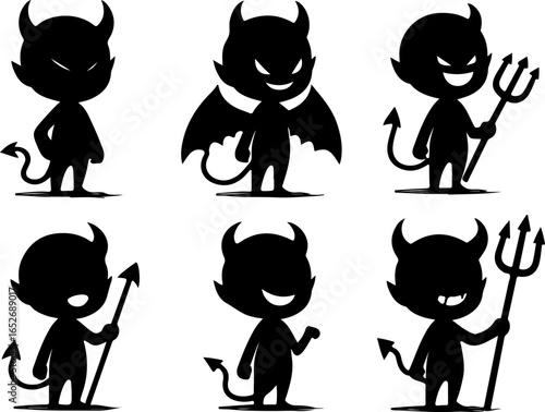 Vector sketch illustration collection of silhouette sketches, design images of devils, devils, hell dwellers, cute, funny, chibi, enemies of humans