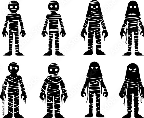 Vector sketch illustration collection of silhouette sketches, designs of mythological creatures, cute, funny, chibi mummies, zombies