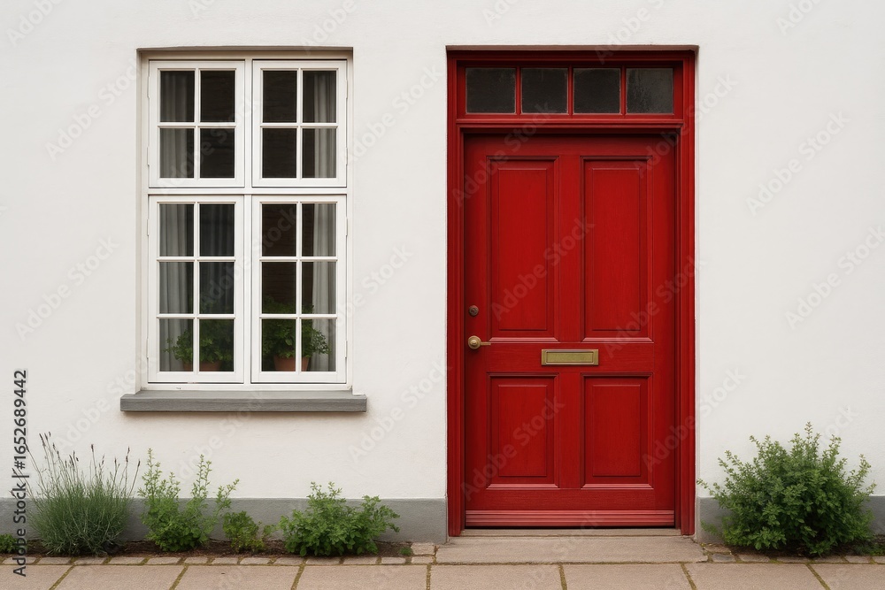 Fototapeta premium Door painted red with a window panel