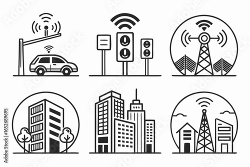 Hand drawn icons of smart city, car, traffic lights, and communication tower