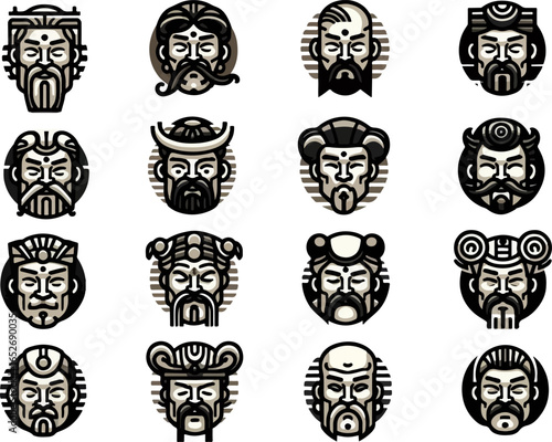 Vector sketch illustration image design collection of cute and cool Chinese character mask symbol icons, modern abstract models for decorative ornaments