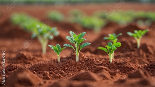 New plant life sprouting amid rich red earth in a focused shot