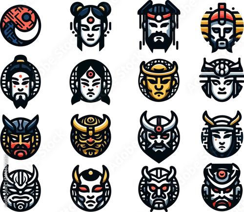 Vector sketch illustration image design collection of cute and cool Chinese character mask symbol icons, modern abstract models for decorative ornaments