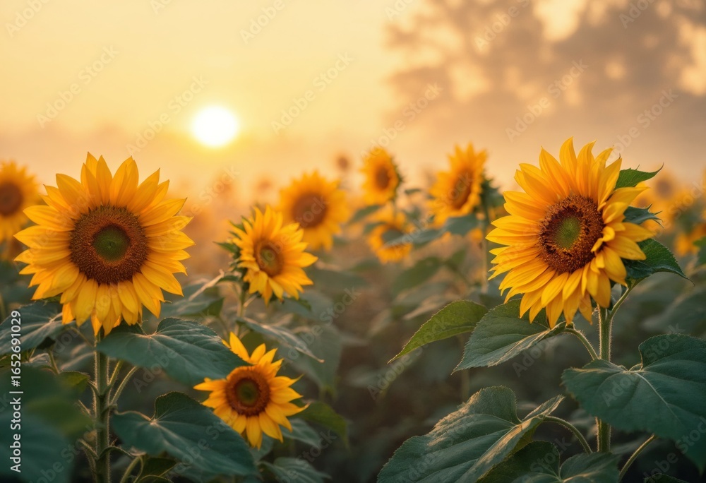 Fototapeta premium Close-Up Shot of Sunflowers in Field with Faces Turned Towards Pale Golden Sunrise on Misty Autumn Morning with Fog Rolling Through the Field