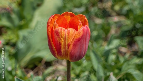 Flowering Rembrandt tulip with vibrant red and orange variegation