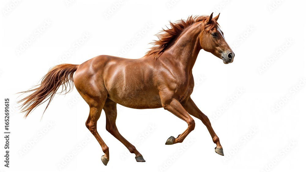 Naklejka premium Reddish Arabian horse moving swiftly on a plain white surface