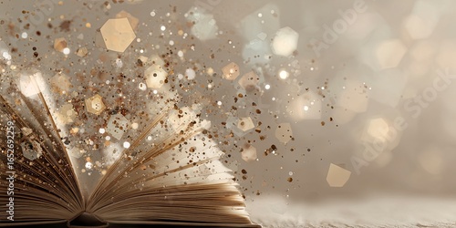 Ancient book releasing light and glittering particles.