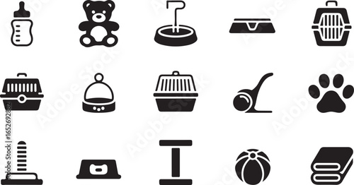 Comprehensive Set of Vector Silhouette Icons Illustrating Essential Supplies for Pet Care, Baby Needs, and Daily Living Accessories